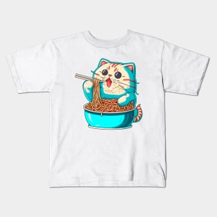 cat eating spaghetti cartoon Kids T-Shirt